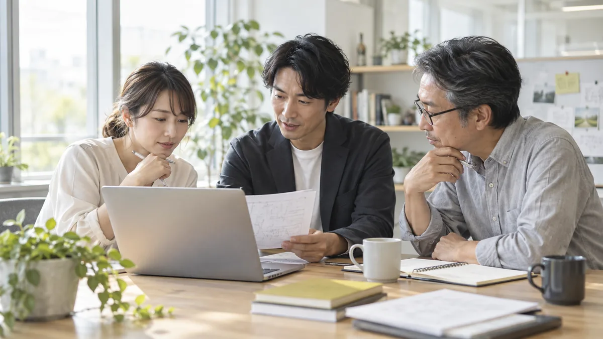 世代の異なる社員がパソコンと資料を使って協働するイメージ