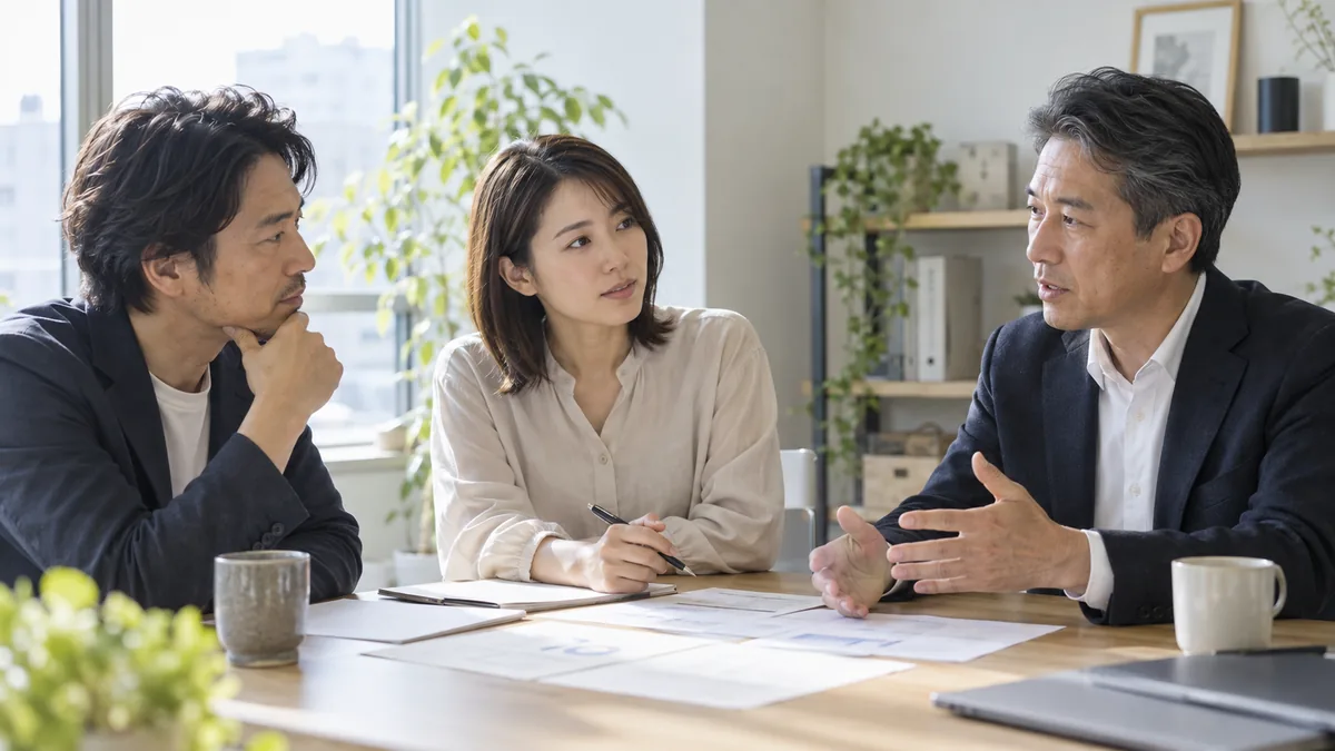 経営者と管理職が人事評価の基準を話し合うイメージ