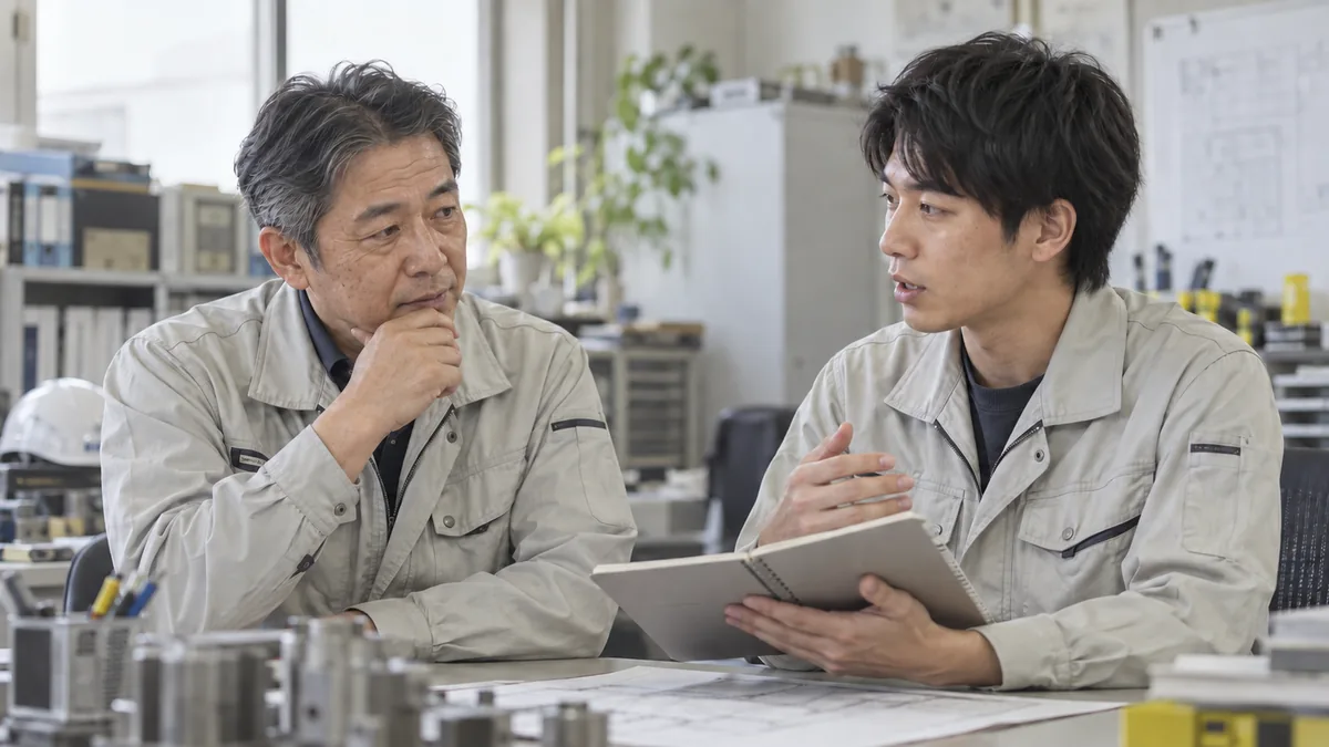 製造部門の管理職が部下の説明を聞くイメージ