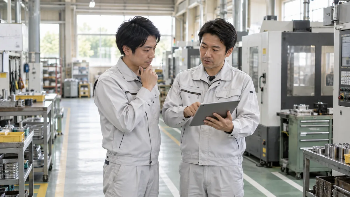 製造現場の通路で社員がタブレットを確認するイメージ