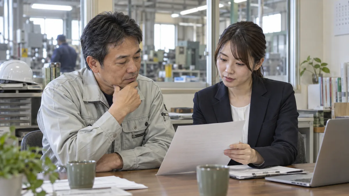 製造業の経営者と人事担当者が採用資料を確認するイメージ